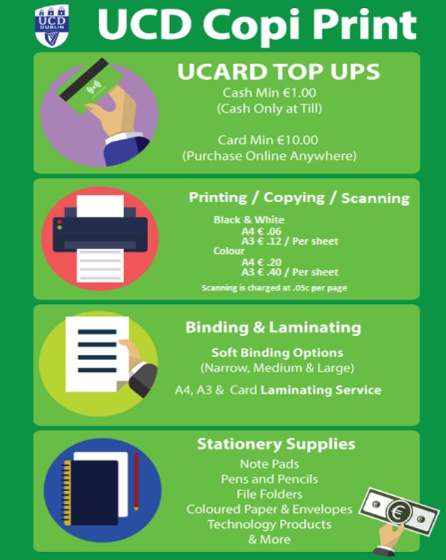 Bureaux Services list - UCard topup, Print, Scan, Copy, Binding, Laminating, Stationery