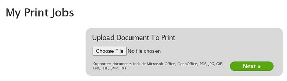 EveryonePrint screen for choosing a file and uploading it into the EveryonePrint system.