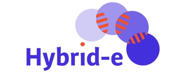 Hybrid-e text and logo of interlocking blue circles