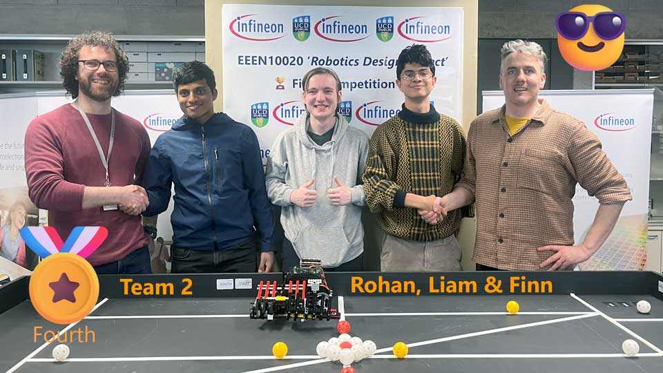 Fourth Place Team 2 with Mr. Cian Dowd, a Senior Digital Verification Engineer at Infineon Technologies, Rohan, Liam & Finn and Dr. Paul Cuffe, Assistant Professor, UCD School of Electrical & Electronic Engineering