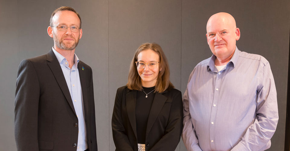 Pictured are Dr Vincent Hargaden, Head of School, School of Mechanical & Materials Engineering, Kinga Ksiazek, Arup UCD Engineering scholarship winner, and John Leahy, Arup