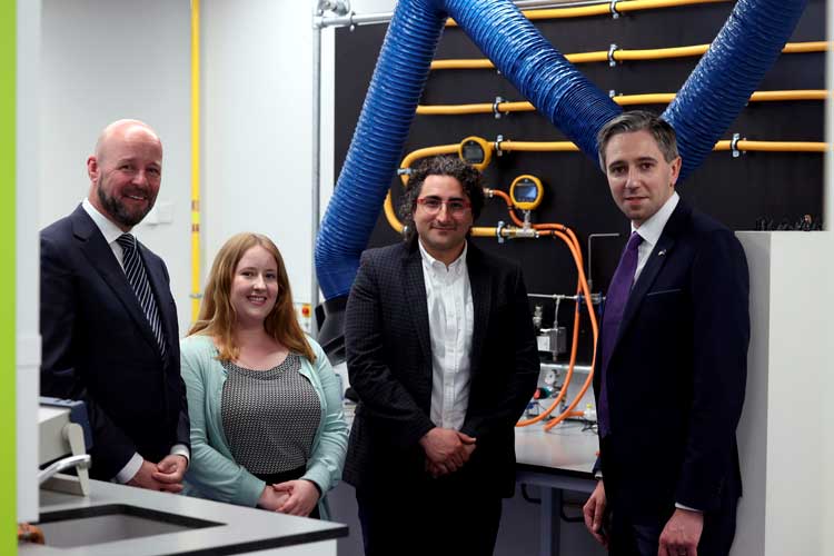 Prof Philip Nolan, Director General, Science Foundation Ireland, with Aleen Von Der Meer Phd student UCD, Ali Ekhtiari, Postdoctoral researcher UCD and Minister for Further and Higher Education, Research, Innovation and Science Simon Harris, T.D. Picture Jason Clarke