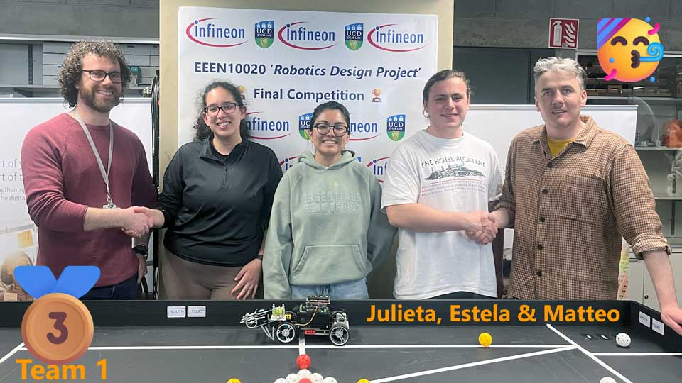Third Place Team 1 with Mr. Cian Dowd, a Senior Digital Verification Engineer at Infineon Technologies, Julieta, Estela & Matteo and Dr. Paul Cuffe, Assistant Professor, UCD School of Electrical & Electronic Engineering