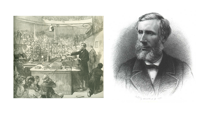 Left: Black and white hand-drawn sketch of John Tyndall at the demonstration table of a lecture theatre demonstrating experiments to a large audience; Right: Black and white hand drawn portrait of John Tyndall.