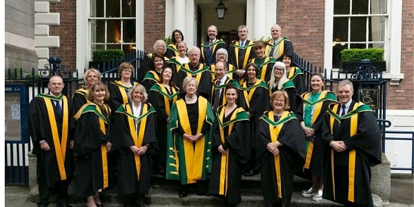 Royal Irish Academy (RIA) admittance day 2022 showing newly elected members in full academic dress on the steps of the RIA, Dawson Street