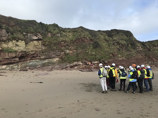 Students on the shore at Hook Head looking at an example of example of a transgressive sequence