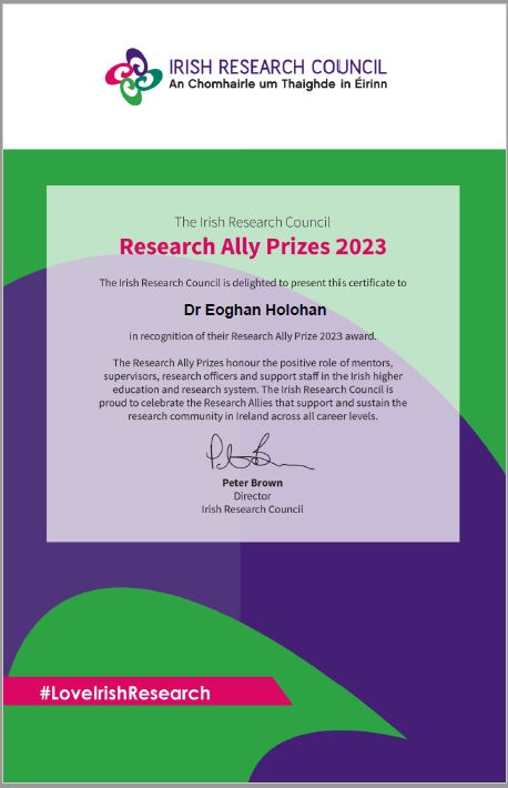IRC Research Ally Prize 2023 certificate awarded to Dr Eoghan Holohan