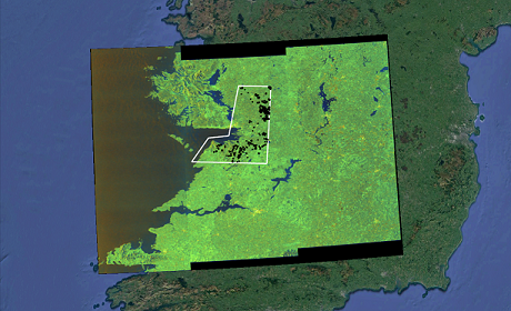 Satellite-based radar image of western Ireland acquired by ESA Sentinel-1A satellite. The white polygon outlines the study area of North Clare/East Galway and the Burren. The black dots represent karst-related depressions (sinkholes) in the area.
