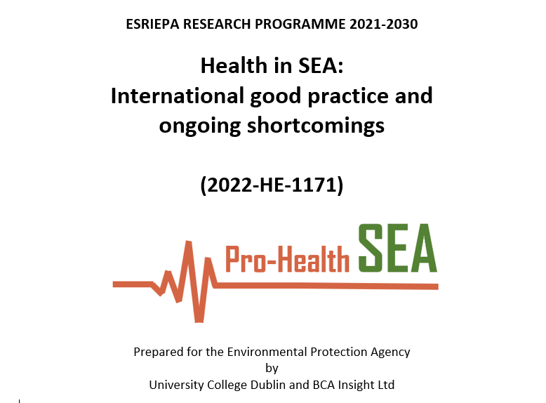 This report provides the theoretical, conceptual, and practical background for developing the Irish ‘Health in Strategic Environmental Assessment (SEA)’ Guidance. It presents evidence for how health is, and how it can be, considered in SEA.