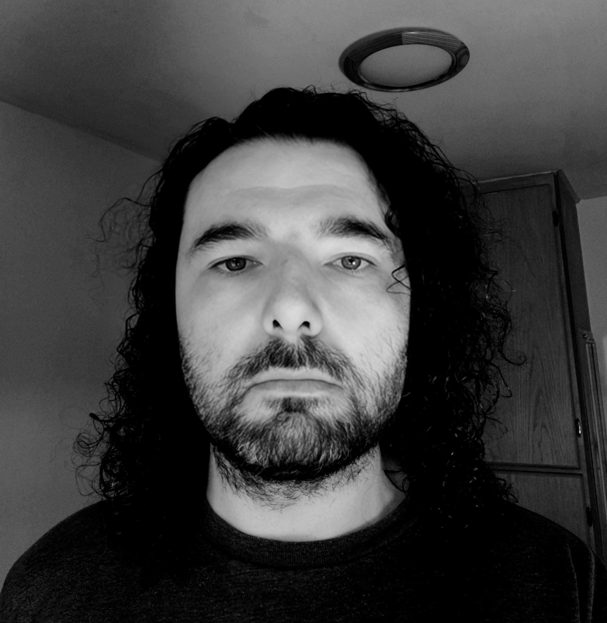 Photo of David Ó Laigheanáin, a man with long, dark, curly hair and a short beard.