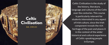 Celtic Civilisation. Celtic Civilisation is the study of   the history, literature,   language and cultures of the Celts over the centuries. This course   is particularly relevant for   students interested in any aspect of Irish culture, since the Irish   component reveals the rich   heritage of the past and places it   in the context of the wider   historical and cultural experience of Celtic-spe
