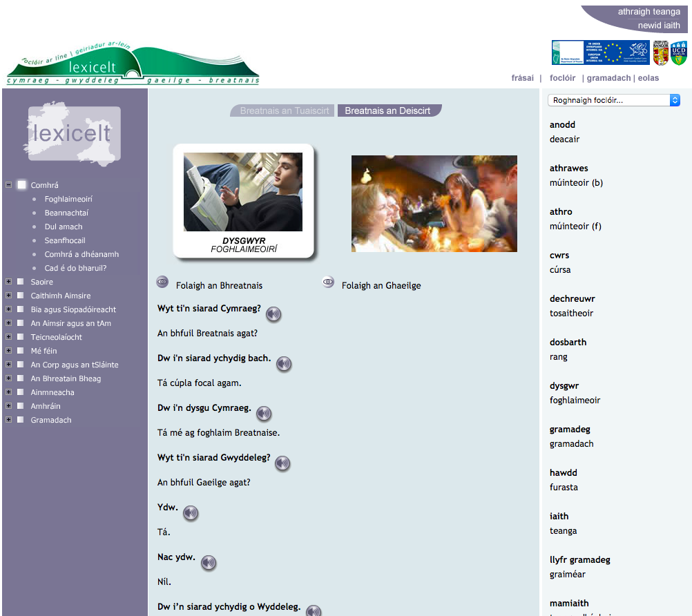 A screenshot of the Lexicelt website