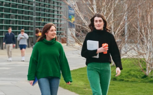 Two MA students walking together through the UCD campus