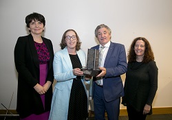 Professor Orla Feely, UCD Vice-President for Research, Innovation and Impact, Assoc. Professor Sheila McBreen, UCD School of Physics; Minister Halligan TD and Professor Lorraine Hanlon, UCD School of Physics and EIRSAT-1, Project Lead