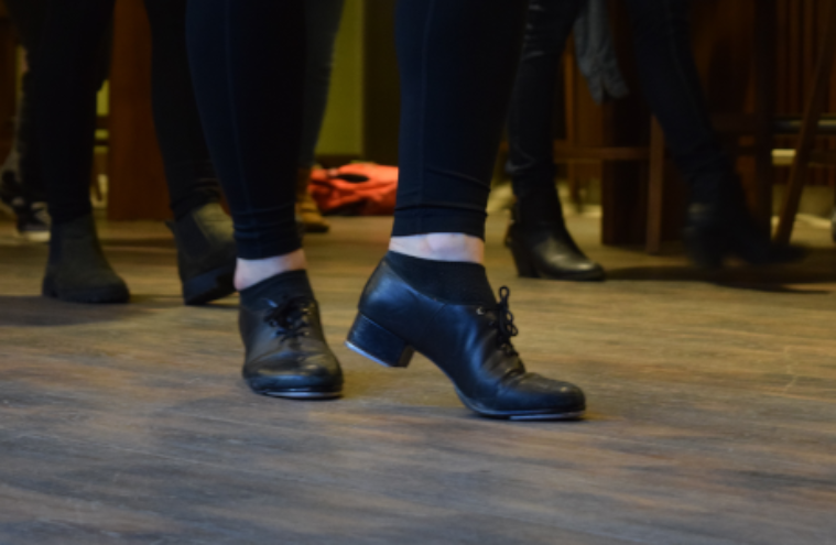 Close up of Irish dancing shoes worn by a female dancer