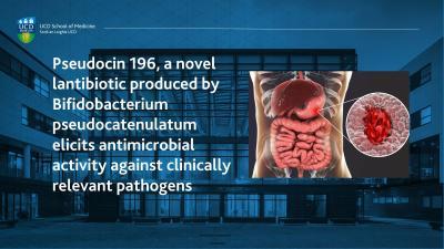 navy blue background, health sciences building, headline text, inside medical image of gut