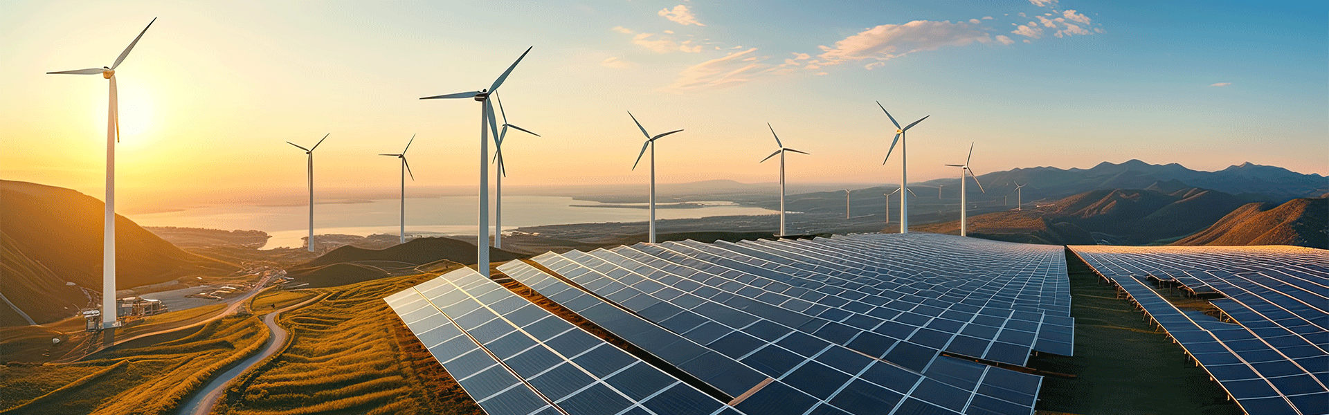 Farmer tending crops in a field with solar panels and wind turbines, sustainable agriculture and renewable energy concept, modern farming practices in scenic rural landscape.