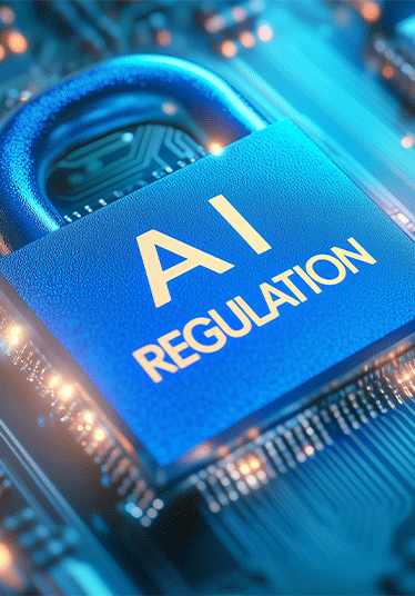 Blue padlock labeled AI regulation on digital microchip background, concept for artificial intelligence data security, policy enforcement, and compliance