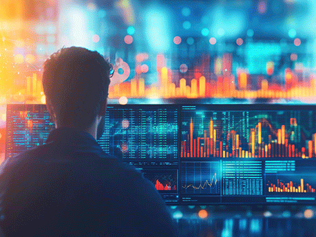 A programmer analyzing complex data and charts on multiple screens, showcasing data science and financial analysis in a futuristic, high-tech environment.
