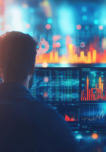A programmer analyzing complex data and charts on multiple screens, showcasing data science and financial analysis in a futuristic, high-tech environment.