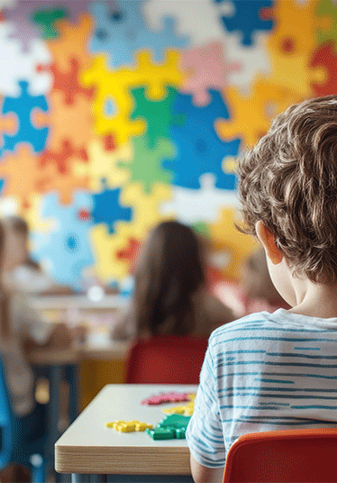 Children are sitting at their desks in a preschool classroom in a kindergarten decorated with multicolored jigsaw puzzles. World Autism Awareness Day.