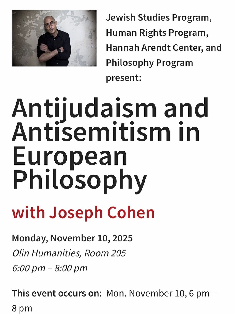 Lecture: Joseph Cohen, 'Antijudaism and Antisemitism in European Philosophy'