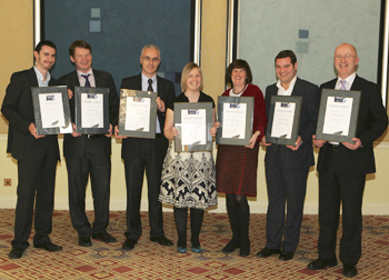 Business journalists pictured with their awards (from left - right): Young Journalist of the Year, winner, Mark Paul, Sunday Times; Business Comment, winner, Brian Carey, Sunday Times; Specialist Business Reporting (marketing, personal finance and recruitment), winner, Niall Brady, Sunday Times; Regional Business Reporting, winner, Alison Donnelly, Evening Echo; Business News, winner, Kathleen Barrington, Sunday Business Post; Business Feature, winner, Arthur Beesely, Irish Times; and Business Broadcast, winner, John Murray, RTE Radio One