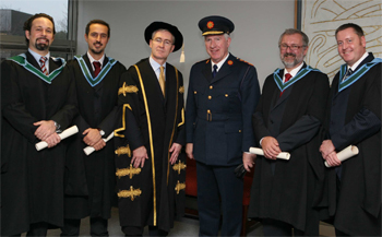The first graduates of the University College Dublin Centre for Cybercrime Investigation MSc in Forensic Computing and Cybercrime Investigation at their conferring ceremony (6th December 2007) pictured were Giorgio Ruggieri (Arma dei Carabinieri, Italy), Giuseppe Di Leva (Polizia di Stato, Italy), UCD President, Dr Hugh Brady, Garda Commissioner Fachtna Murphy, Bernhard Otupal and Werner Schuller (both Austrian Federal Police – The Bundeskriminalamt, currently on secondment to the International Criminal Police Organisation, INTERPOL in Lyon). 