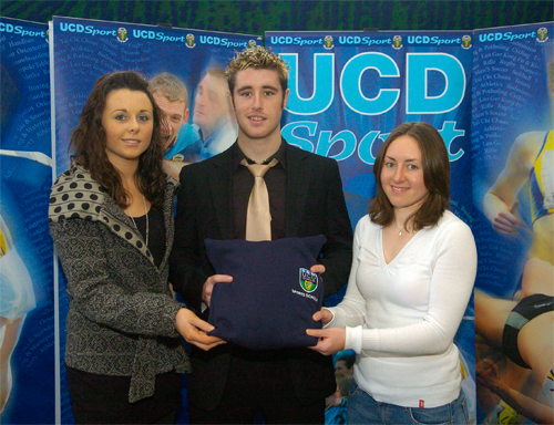 Wexford natives Patrick Nolan (Hurling) with Mary Lacey, left, (Camogie) and Lias Jacob (Hockey) attended a reception for the announcement of the UCD Sports Scholarship recipients for the 2007/2008 academic year.