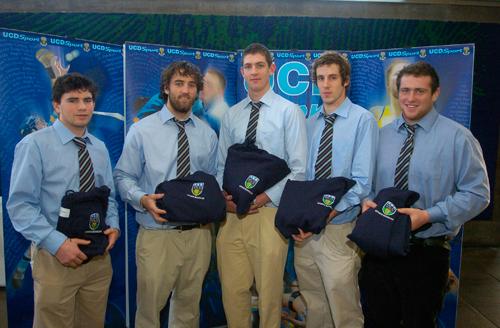 UCD Rugby Scholars Eoghan Conran (Kildare), Jonathan Slattery (Dublin), Mark Flanagan (Westmeath), Wesley Carter (Tipperary) and Ben Barclay (Dublin), at the announcement of the UCD Sports Scholarship recipients for the 2007/2008 academic year.