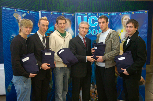 UCD Soccer Scholars Ronan Finn (Dublin), Billy Brennan (Kilkenny), Evan McMillan (Dublin), Francis Moran (Dublin) and James O'Sullivan (Tipperary) with Dr. Hugh Brady President of UCD at the announcement of the UCD Sports Scholarship recipients for the 2007/2008 academic year.