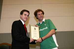 Hollywood actor Will Ferrell recieving the James Joyce Award from Michael McGrath, Auditor, 153rd Session, Literary and Historical Society.