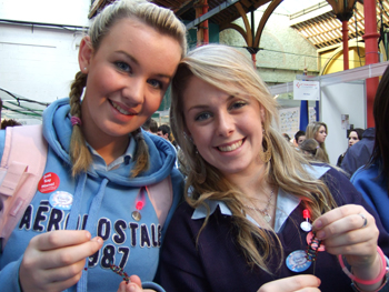 Marybeth Doyle and Nicola O'Driscoll from St Mary's Secondary School Mallow with their DNA phone charms they made at the UCD Science stand