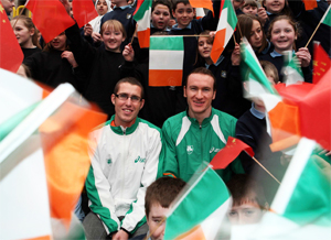 Pictured at the announcement of the Road to Beijing Olympic programme at the UCD Sports Centre were Irish hopefuls Martin Fagan (Marathon) with Paul Hession (Athletics) and school children from Synge St. CBS, St. Marys Howth and Clonskeagh Mosque School.
