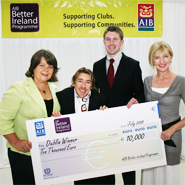 Vivian Rath, Welfare Officer 2007/2008, UCDSU (centre-left) and Ronan Shanahan, Education Officer 2007/2008, UCDSU (centre-right) receiving the AIB Better Ireland Programme award from Anne Egan, AIB, UCD Branch, (left) and Mary Wall, AIB, UCD Branch, (right).