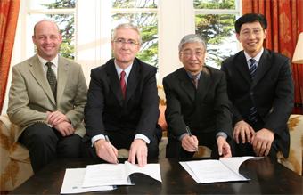 Signing the agreement (l-r): Dr Philip Nolan, Registrar and Vice-President for Academic Affairs, UCD; Dr Hugh Brady, President of UCD; Professor Zhang Bigong, President of Shenzhen University; and Professor Gao Litian, Director, International Office, Shenzhen University.