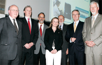 Prof. Michael McGlinchey, UCD School of Chemistry and Chemical Biology, Deputy Director of Dublin Chemistry, Dr. Paul Duffy, Vice President of Pfizer Ireland, Prof. John Kelly, School of Chemistry, TCD and Director of Dublin Chemistry, Dr Susan Quinn, TCD's Postgraduate Course Co-ordinator, Prof. Patrick Cunningham, Government Chief Scientific Adviser, Dr. Hugh Brady, President of UCD and Dr John Hegarty, Provost of Trinity College Dublin. 