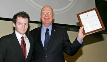 US Senator Patrick Leahy of Vermont receives the James Joyce Award from Ian Hastings, Auditor of UCD Literary and Historical Society