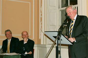 Respondent Prof Maurice Manning, President, Irish Human Rights Commission at the 150th anniversary lecture. Also pictured (l-r): Dr Pádraic Conway, Director UCD International Center for Newman Studies who delivered the lecture and Dr Philip Nolan, UCD Registrar, who chaired the event