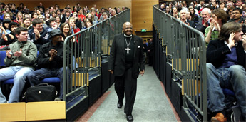 Archbishop Desmond Tutu arrives in Astra Hall, Belfield