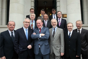 Pictured at the announcement of SBI - (front row l-r): Prof Des Fitzgerald, Vice-president for Research at UCD; Dr Hugh Brady, President, UCD; Mr Conor Lenihan TD, Minister for Science, Technology and Innovation; Prof Frank Gannon, Director General of Science Foundation Ireland; Prof Boris Kholodenko, Deputy Director, Systems Biology Ireland; and Prof Walter Kolch, Director, Systems Biology Ireland. (Middle row l-r): John Martin, CSO of Ark Therapeutics; Dr Laurent Perret, Président du Comité Scientifique du Groupe de Recherches Servier; and Mark Gantly, MD Hewlett Packard, Galway. (Back row l-r) Padraig McDonnell, Country Manager, Agilent Technologies; Werner Kruckow, MD Siemens Ireland; and Prof Tim O’Brien, NUI Galway, Professor & Chair of Medicine and Director of REMEDI.