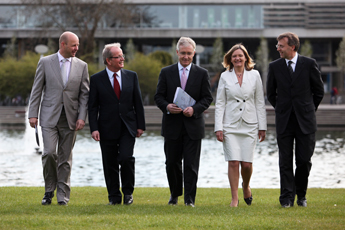 Pictured at the launch of Forming Global Minds - UCD Strategic Plan to 2014 (l-r): Dr Philip Nolan, UCD Registrar; Prof Des Fitzgerald, Vice-President for Research, UCD; Dr Hugh Brady, UCD President; Prof Brigid Laffan, Principal, UCD College of Human Sciences; and Mr Gerry O'Brien, UCD Bursar