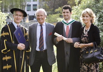 Irish international rugby player, Rob Kearney pictured receiving his BA degree with his parents David (second from left) and Siobhan (right), and UCD President, Dr Hugh Brady (left)