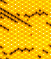 Fig 1: Image representing 12 micrometer x 12 micrometer of artificial magnetic metamaterial where monopoles can be seen at each end of the Dirac strings, visible as dark lines. The dark regions correspond to magnetic islands where the magnetization is reversed. (Image courtesy of Paul Scherrer Institute) 