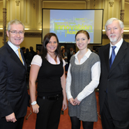 Dr Hugh Brady, President of UCD and Dr John Hegarty, Provost of TCD, with Innovation Academy students (L) Julieann Galloway, UCD and (R) Aisling Miller, TCD