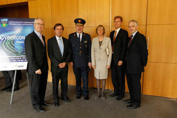 Pictured at the announcement: Dr Hugh Brady, President of UCD; Minister for Justice, Equality and Defence, Mr Alan Shatter TD; Garda Commissioner, Martin Callinan; Madame Emmanuelle d’Achon, French Ambassador to Ireland; Mr Radomír Janksý, European Commission, DG Home Affairs; Prof Joe Carthy, Director of UCD Centre for Cybercrime Investigation