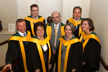 Pictured at the RIA election announcement: (backrow l-r) Prof Barry Smyth, UCD School of Computer Science and Informatics and Clarity; Prof Luke Drury, President of the RIA; Prof Alun Jones, UCD School of Geography, Planning and Environmental Policy; (front row l-r) Prof Jean Michel Picard, UCD School of Languages and Literatures; Prof Kathleen James-Chakraborty, UCD School of Art History and Cultural Policy; Prof Imelda Maher, UCD School of Law; and Prof Catherine Godson, UCD Conway Institute of Biomolecular and Biomedical Research 