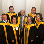 Prof Barry Smyth, UCD School of Computer Science and Informatics and Clarity; Prof Luke Drury, President of the RIA; Prof Alun Jones, UCD School of Geography, Planning and Environmental Policy; (front row l-r) Prof Jean Michel Picard, UCD School of Languages and Literatures; Prof Kathleen James-Chakraborty, UCD School of Art History and Cultural Policy; Prof Imelda Maher, UCD School of Law; and Prof Catherine Godson, UCD Conway Institute of Biomolecular and Biomedical Research