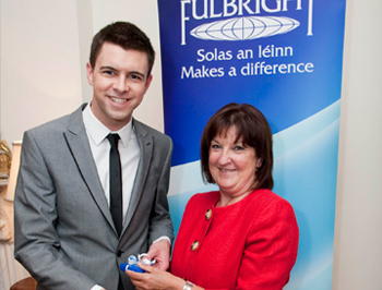 Pictured receiving his Fulbright Award: Pádraic Déiseach, UCD School of Irish, Celtic Studies, Irish Folklore and Linguistics, and Ms. Una Halligan, Chairperson, Fulbright Commission
