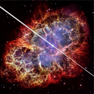 An artist's conception of the plusar at the center of the Crab Neulba, with a Hubble Space Telescope photo of the nebula in the background.  Researchers using the Veritasa telescope array have discovered pulses of high-energy gamma rays coming from this object.